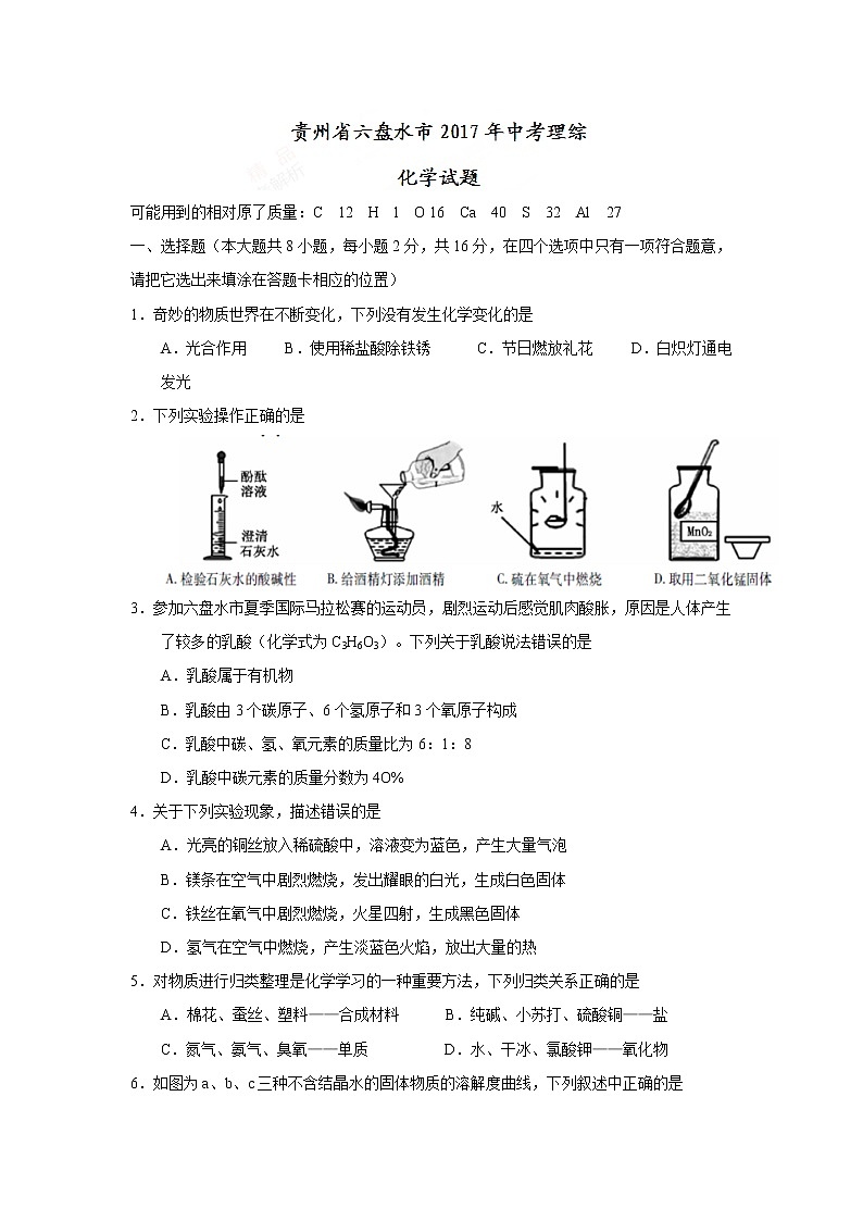 2017年贵州省六盘水市中考理综(化学部分)试题(精校word版,含答案)01