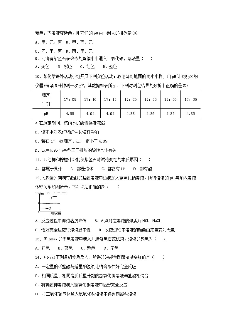 人教版九年级化学下第10单元实验活动7《溶液酸碱性的检验》课时练习含答案02