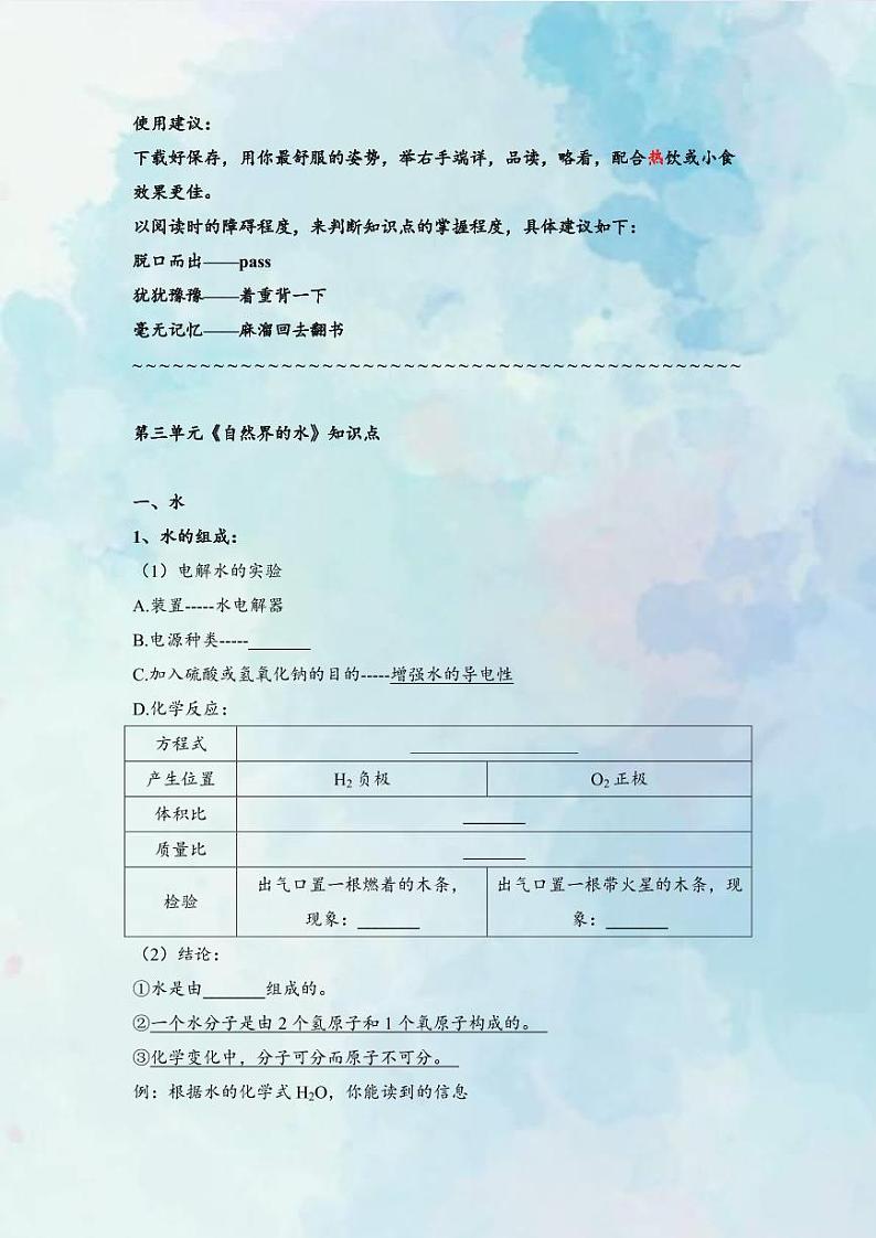 人教版2021中考化学自然界的水复习提纲(pdf版无答案)学案01
