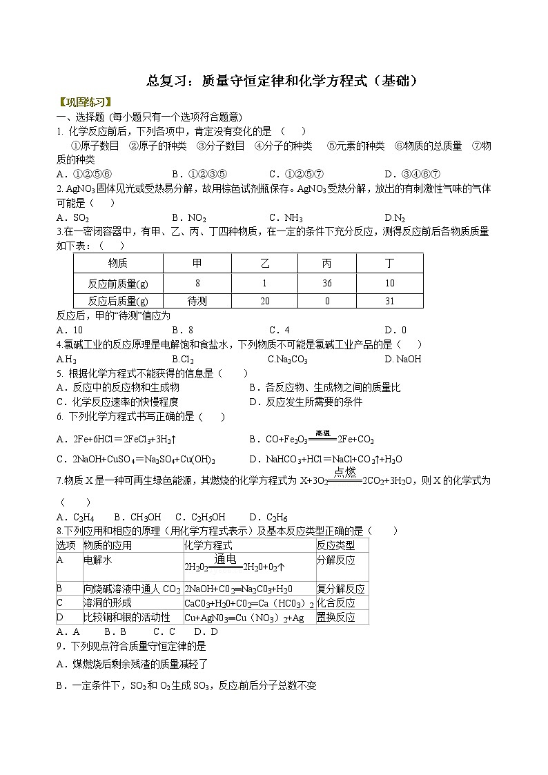 中考化学总复习:质量守恒定律和化学方程式(基础)练习 (含解析)01