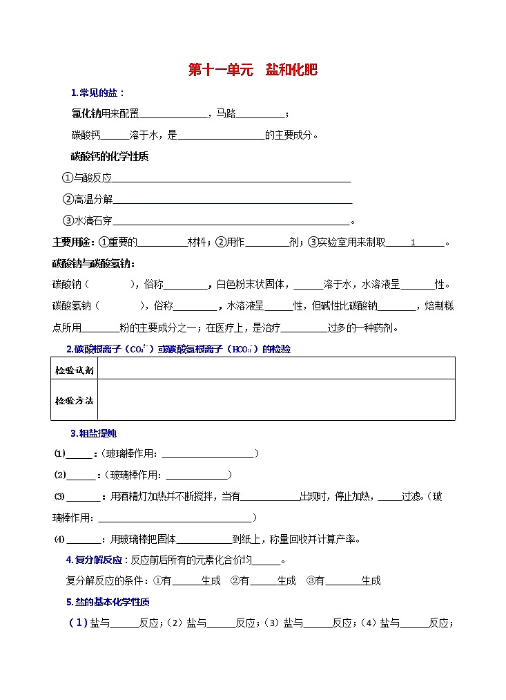 人教版初中化学 第十一单元基础知识复习测试01