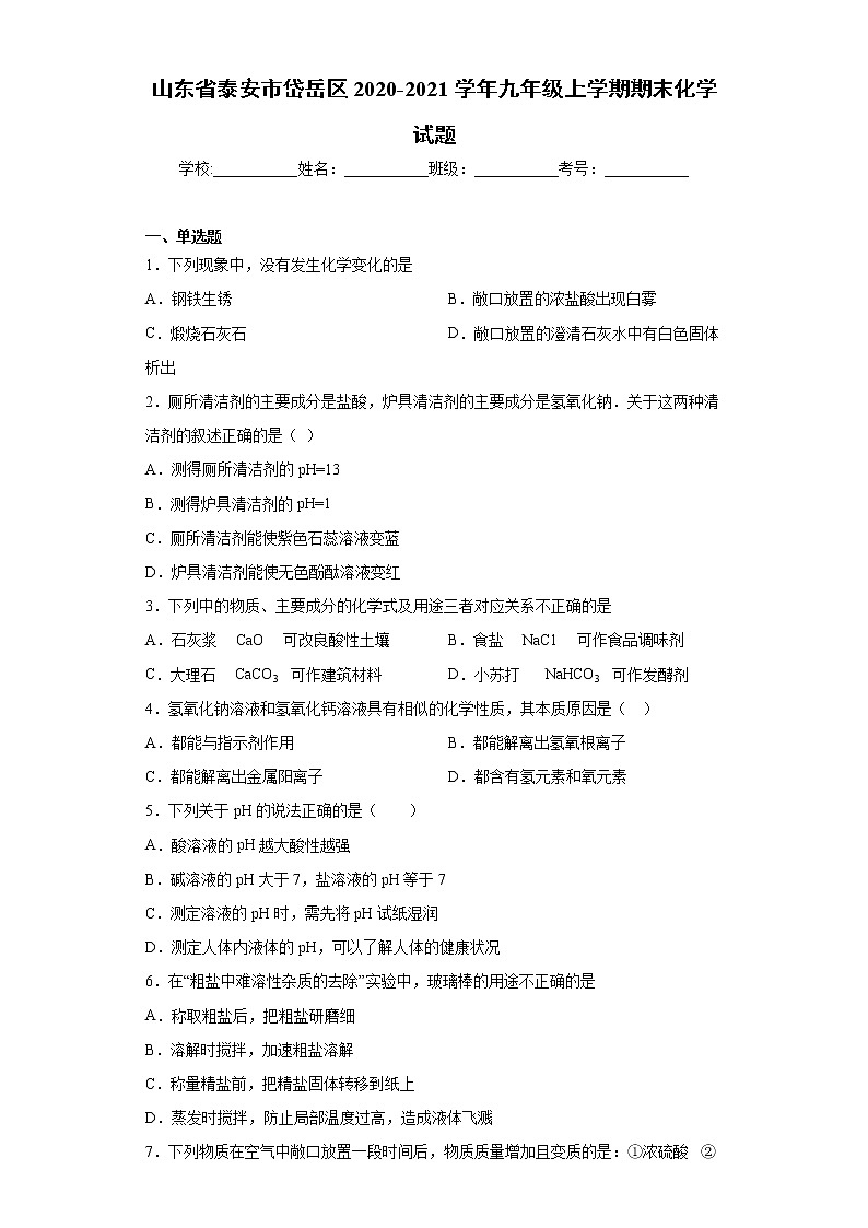 山东省泰安市岱岳区2020-2021学年九年级上学期期末化学试题(word版含答案)01
