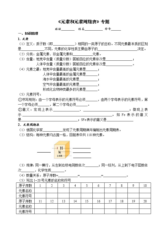 元素和元素周期表 考点测试 2021年中考化学专题复习第1页