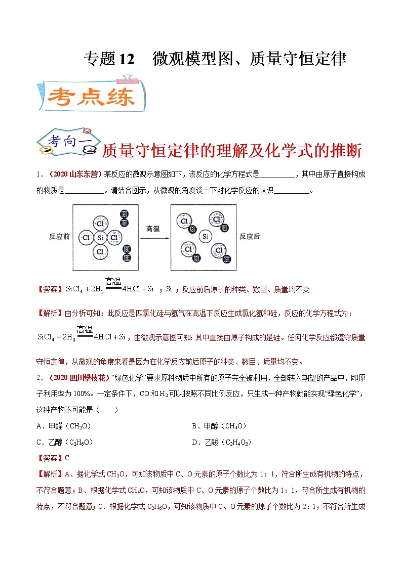 专题12 微观模型图、质量守恒定律(考点专练)-备战2021年中考化学考点微专题(解析版)01
