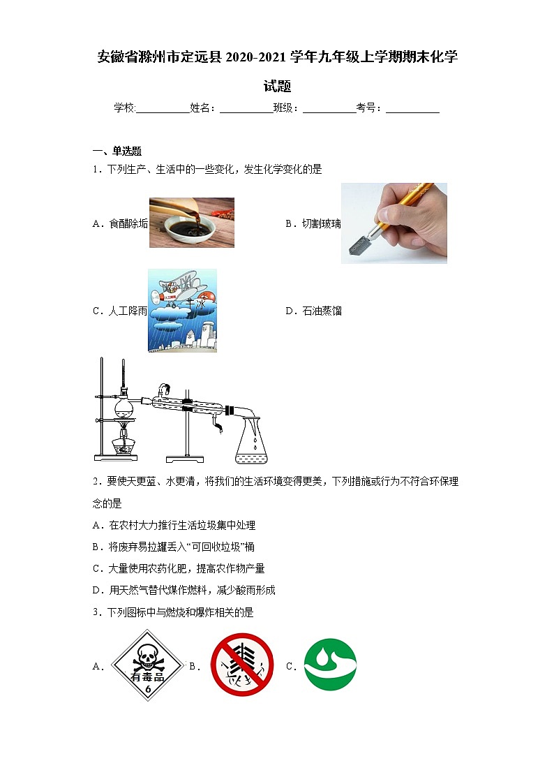安徽省滁州市定远县 2020-2021学年九年级上学期 期末化学试题(word版 含答案)01