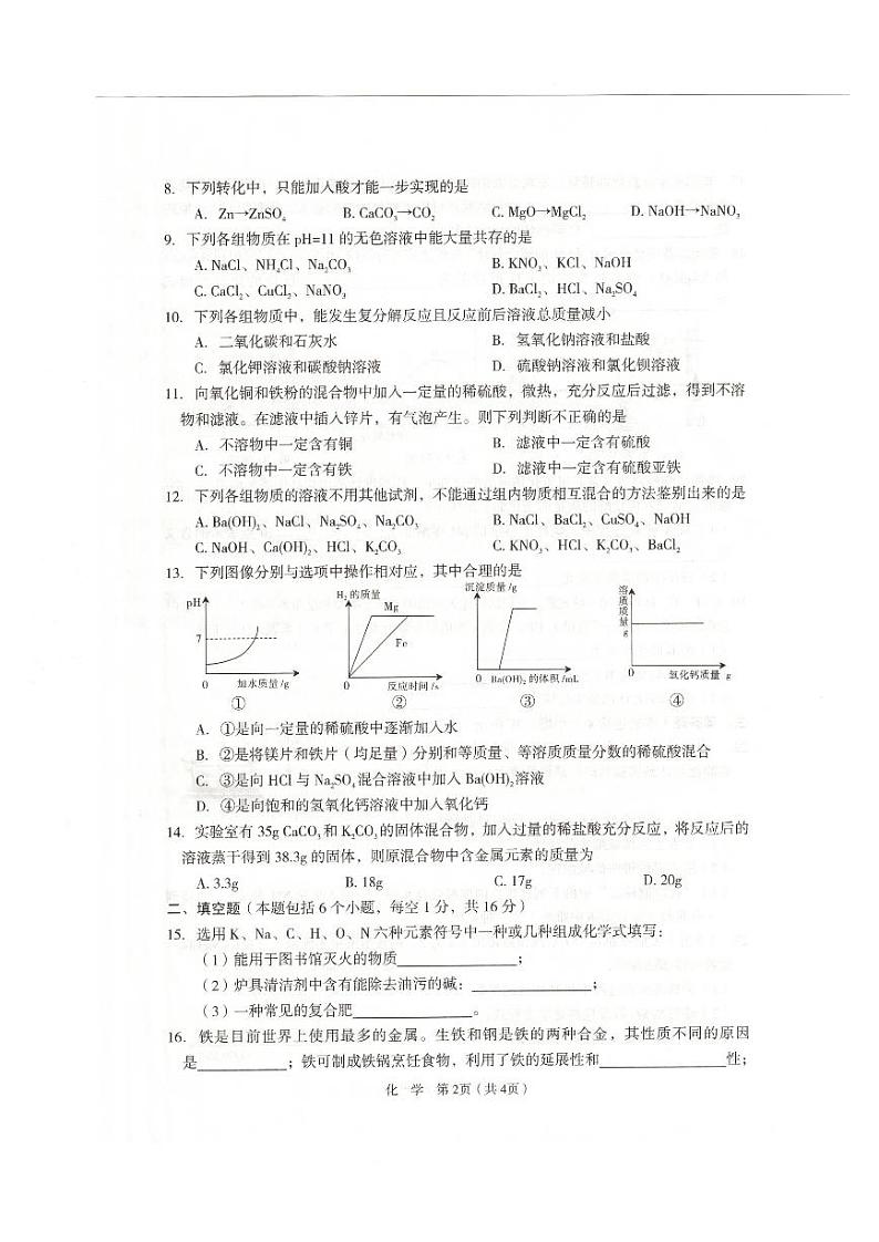 河南省郑州外国语中学 2020-2021学年 九年级下学期月考化学试卷(含答案)02