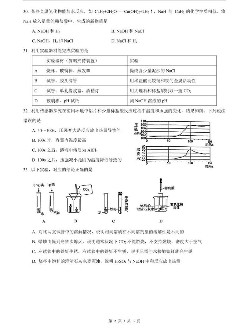 2021届杨浦区中考化学二模试卷含答案02