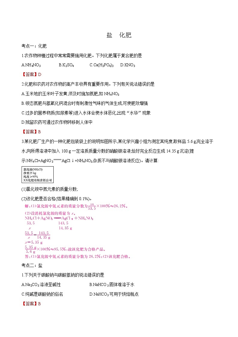冲刺2021中考复习 盐化肥1(解析版) 试卷01