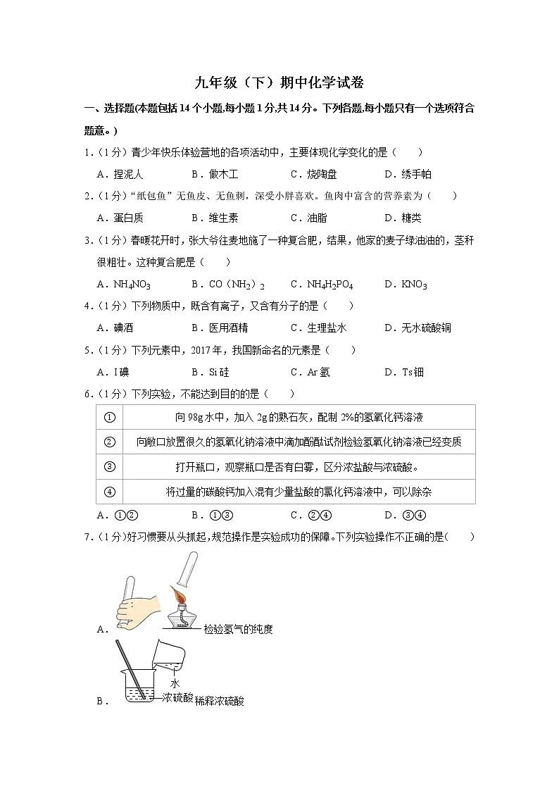 九年级(下)期中化学试卷2(含解析)第1页