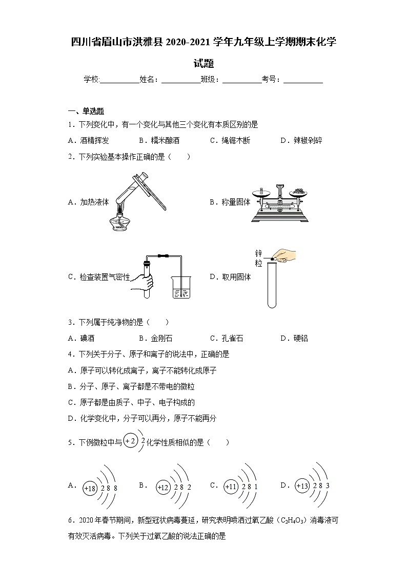 四川省眉山市洪雅县2020-2021学年九年级上学期期末化学试题(word版 含答案)第1页
