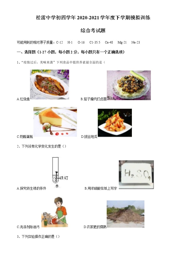 2021年黑龙江省哈尔滨市南岗区松雷中学中考模拟化学试题01