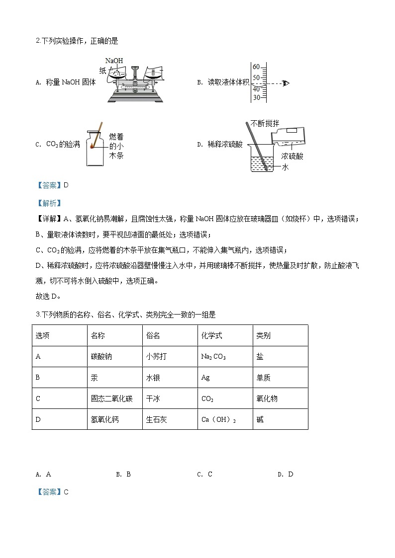 四川省巴中市2020年中考化学试题（原卷版+解析版）02