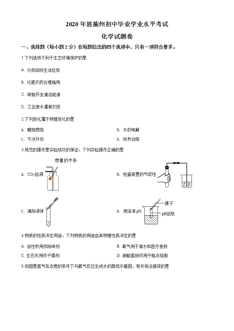 湖北省恩施州2020年中考化学试题（原卷版+解析版）01