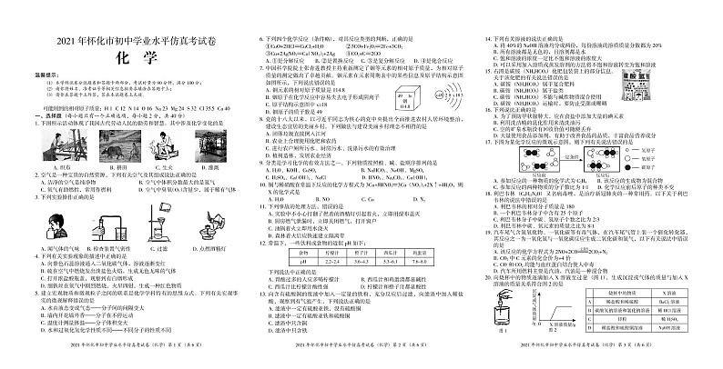2021年湖南省怀化市初中学业水平仿真考试化学试卷第1页