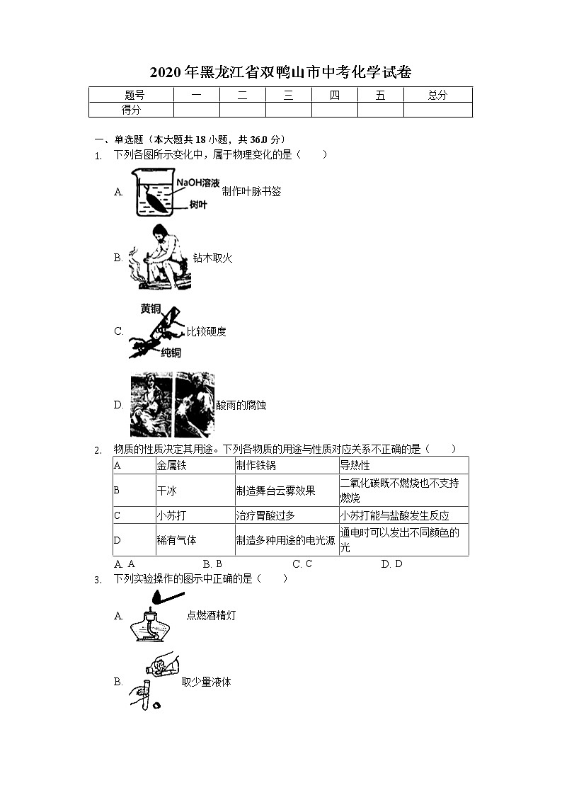 2020年黑龙江省双鸭山市中考化学试卷第1页