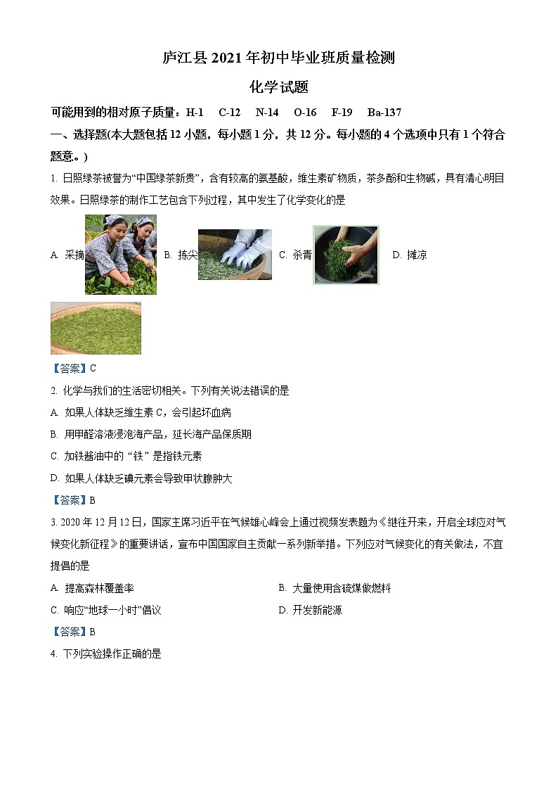 2021年安徽省合肥市庐江县中考模拟化学试题第1页