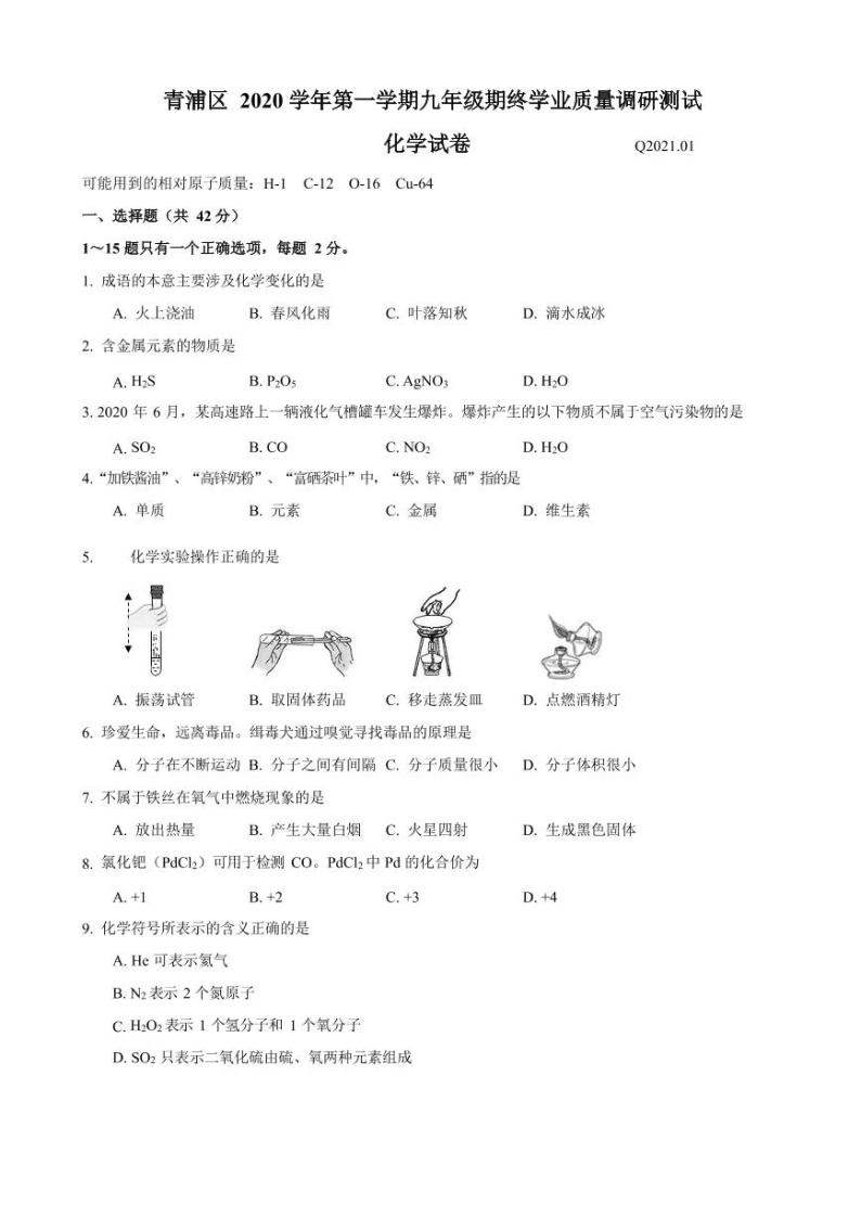 上海市青浦区2021届九年级上学期期末(中考一模）质量调研化学试卷（详解版）01