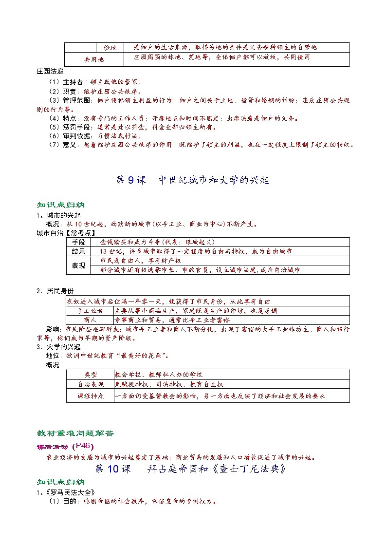人教部编版九年级上册《历史》第三单元封建时代的欧洲知识点归纳,考点整理,复习必备第2页