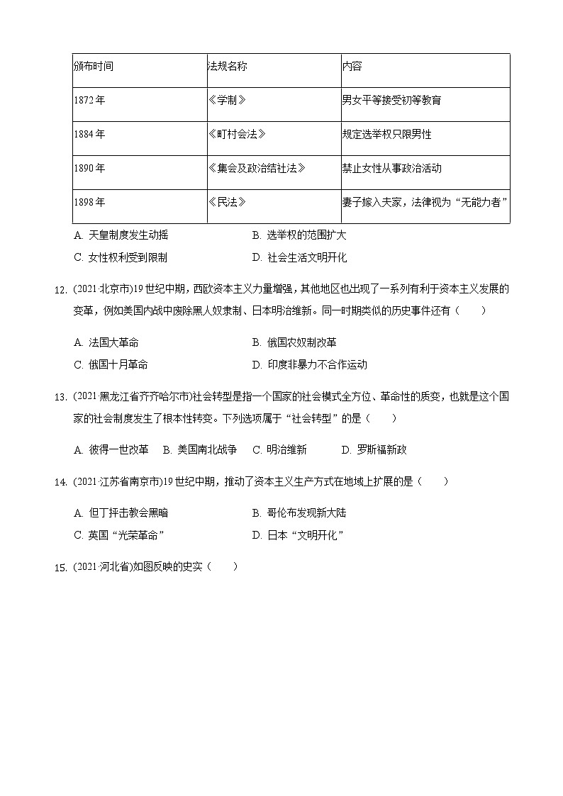 2021年历史中考题分类汇编——九年级下册第一单元:殖民地人民的反抗与资本主义制度的扩展第3页