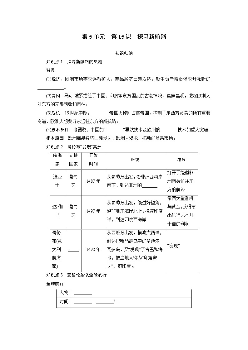 2021年部编版九年级历史上练习:第5单元 第15课 探寻新航路 试卷01
