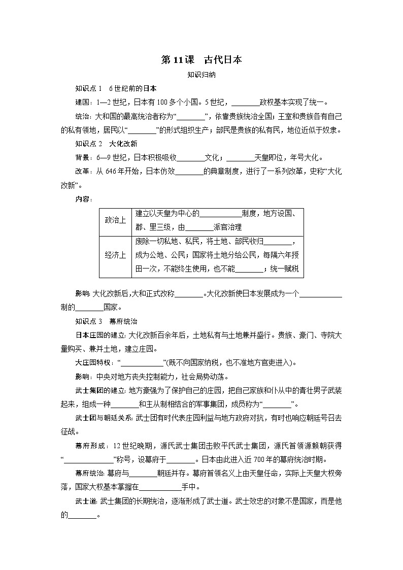 2021年部编版九年级历史上练习:第4单元 第11课 古代日本 试卷01
