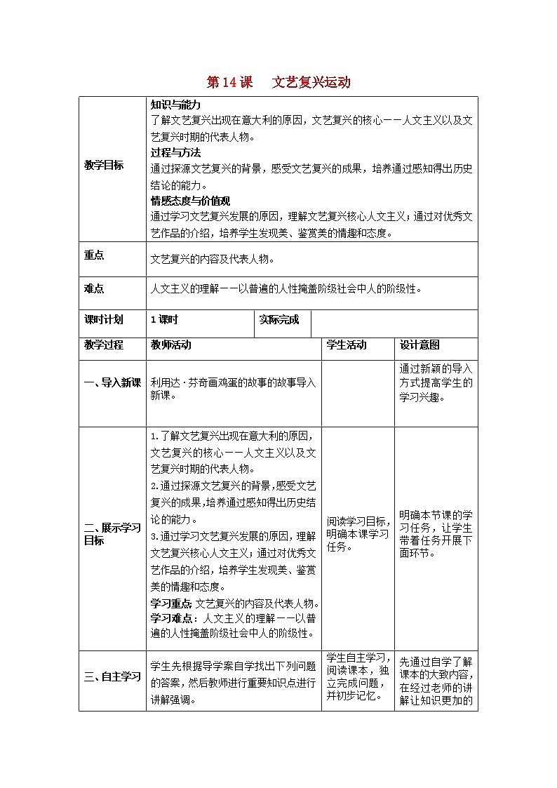 2018秋九年级历史上册第五单元步入近代第14课文艺复兴运动教案部编版第1页