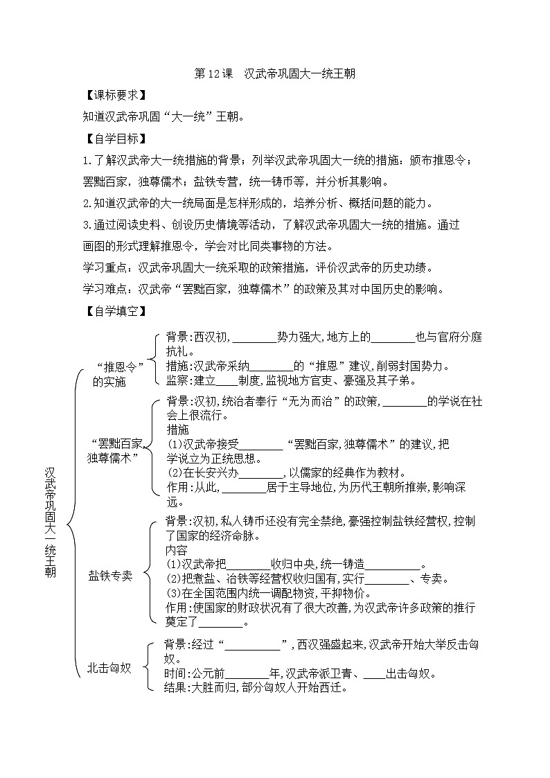 人教版七年级历史上册 第12课 汉武帝巩固大一统王朝 导学案(无答案)第1页