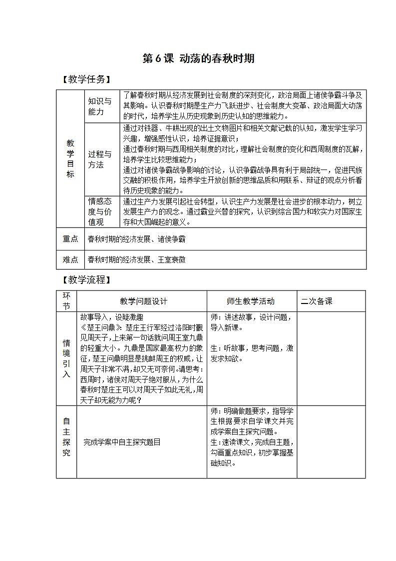 部編版七年級歷史上冊：2.6 動蕩的春秋時期-教案第1頁
