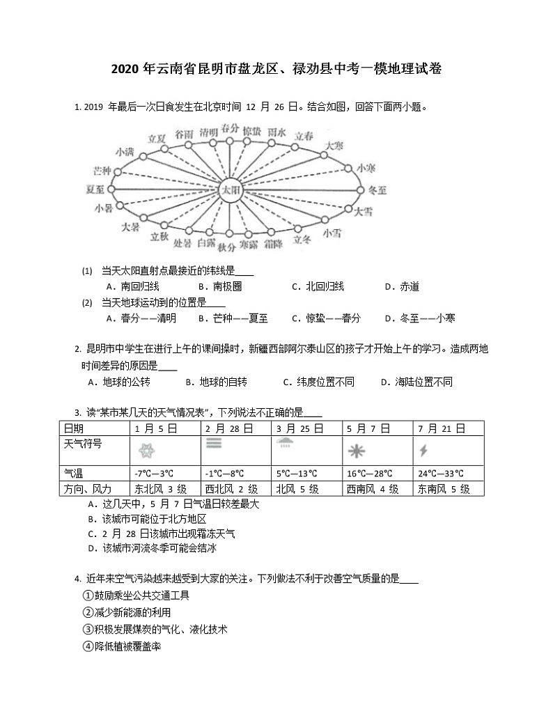 2020年云南省昆明市盘龙区、禄劝县中考一模地理试卷(含答案)第1页
