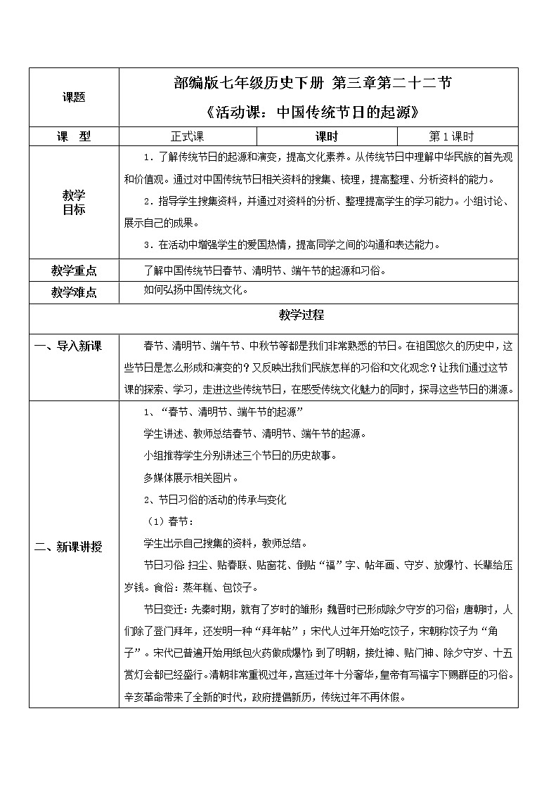 2021年部编版七年级下册《活动课:中国传统节日的起源》教学设计第1页