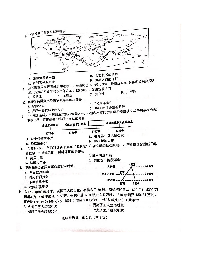 玉林市2021年秋季期九年级上册期末历史试题含答案第2页