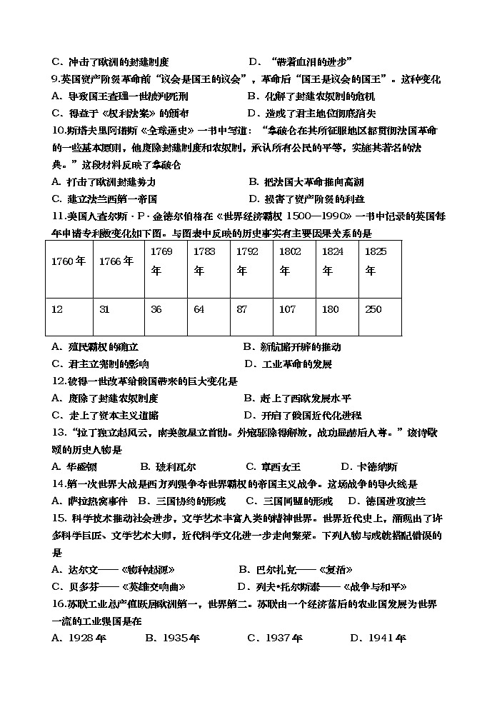 湖南省长沙市长沙县2021-2022学年九年级上学期期末考试历史试题(word版 含答案)第2页