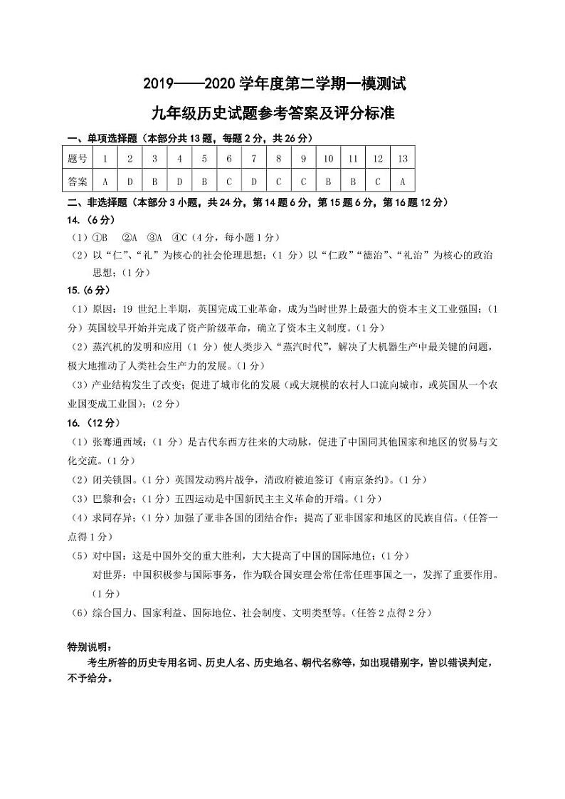 江苏省徐州市2020届九年级一模检测历史答案第1页