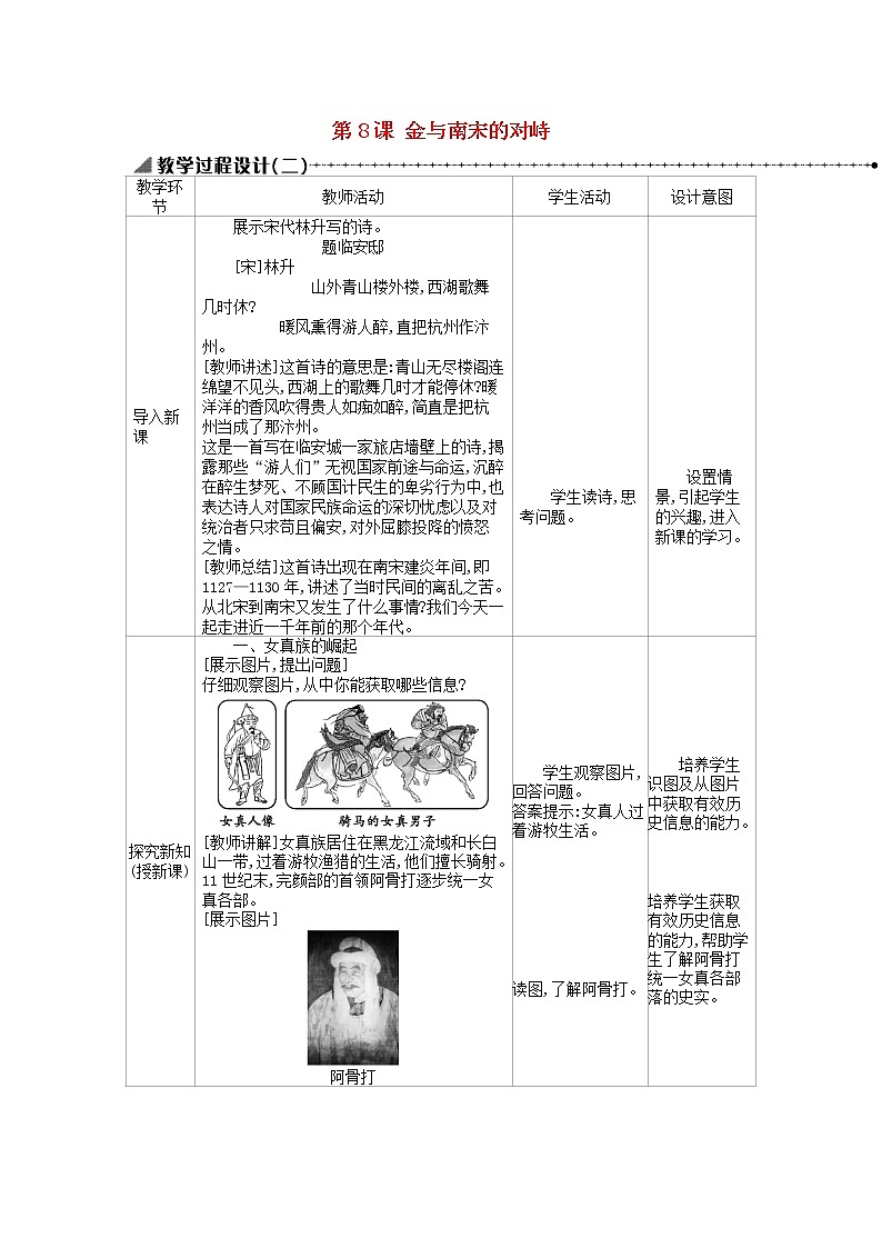 七年级历史下册第二单元辽宋夏金元时期民族关系发展和社会变化第8课金与南宋的对峙教学设计2新人教版课件PPT第1页