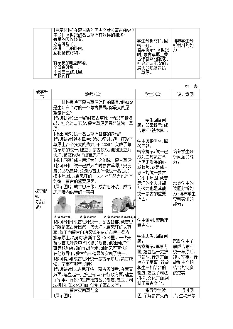 七年级历史下册第二单元辽宋夏金元时期民族关系发展和社会变化第10课蒙古族的兴起与元朝的建立教学设计2新人教版课件PPT第2页