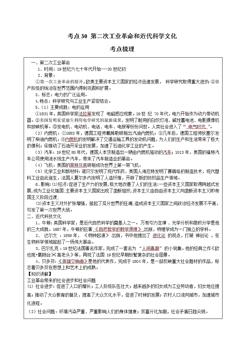 考点30 第二次工业革命和近代科学文化(解析版)-2022年历史中考一轮过关讲练(部编版)学案第1页