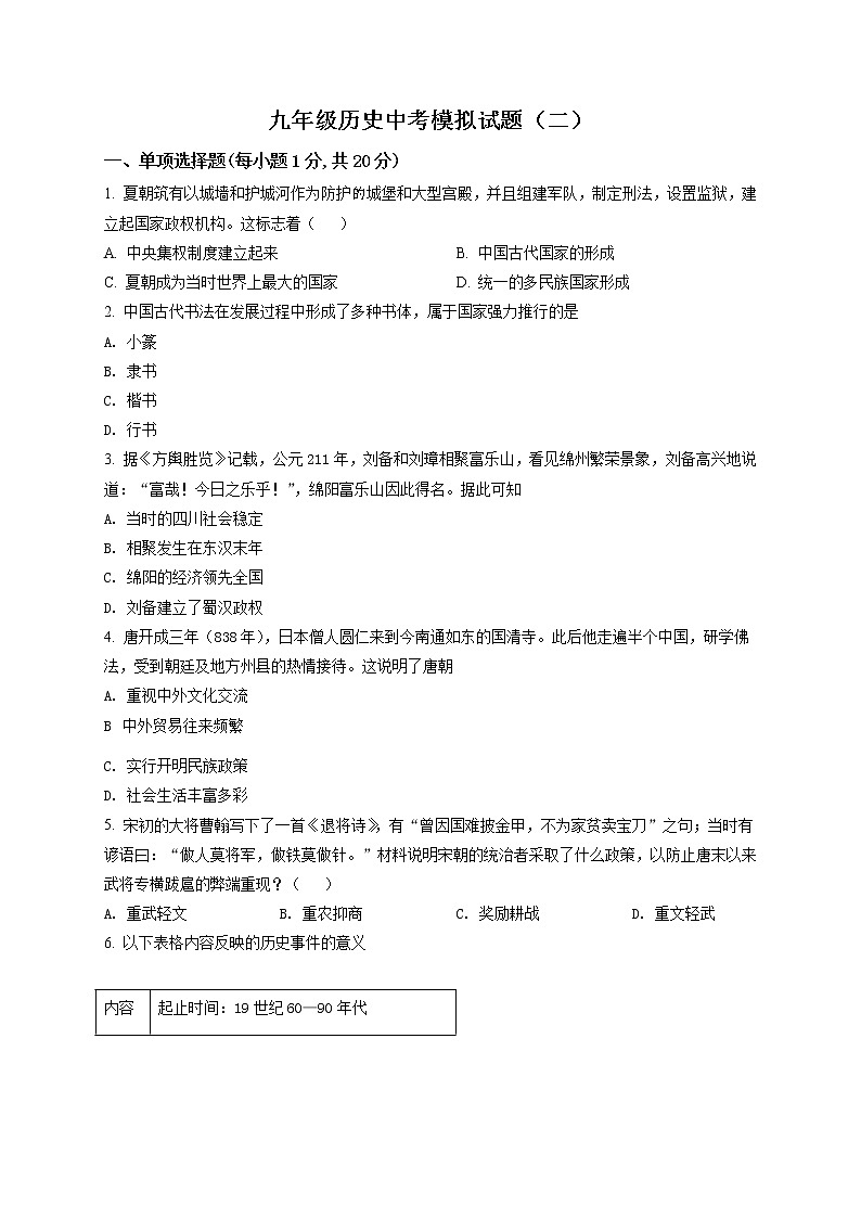 精品解析：2021年山東省菏澤市巨野縣中考二模歷史試題（原卷版）第1頁
