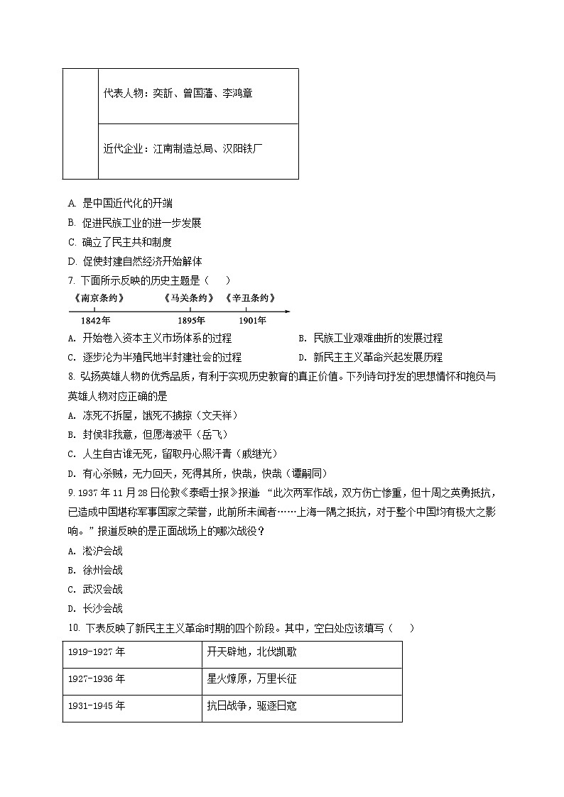 精品解析：2021年山東省菏澤市巨野縣中考二模歷史試題（原卷版）第2頁