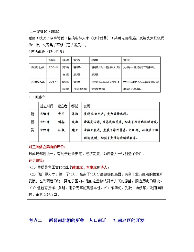 专题04 三国两晋南北朝时期: 政权分立与民族交融-中考历史一轮复习 知识点精讲+练习03