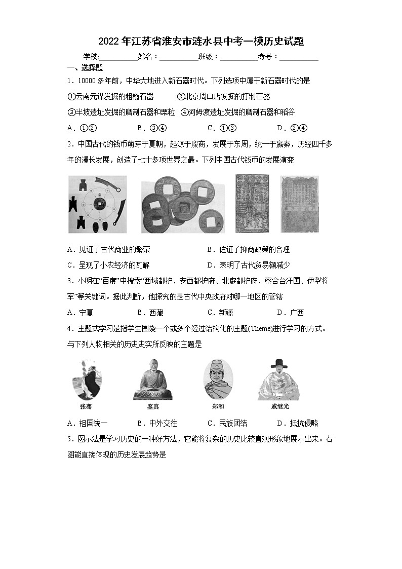 2022年江苏省淮安市涟水县中考一模历史试题(word版含答案)01