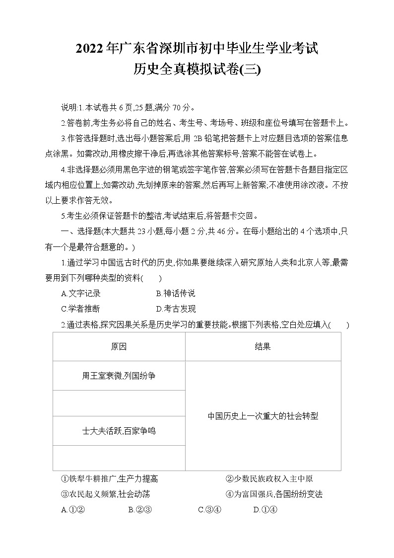 2022年广东省深圳市初中毕业生学业考试历史全真模拟试卷(三)(word版含答案)01
