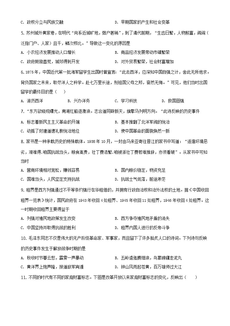 精品解析:2021年山东省夏津县中考二模历史试题(解析版+原卷板)02