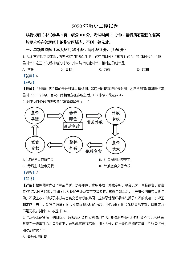 精品解析:2020年山东省德州市庆云县中考二模历史试题(解析版+原卷板)01