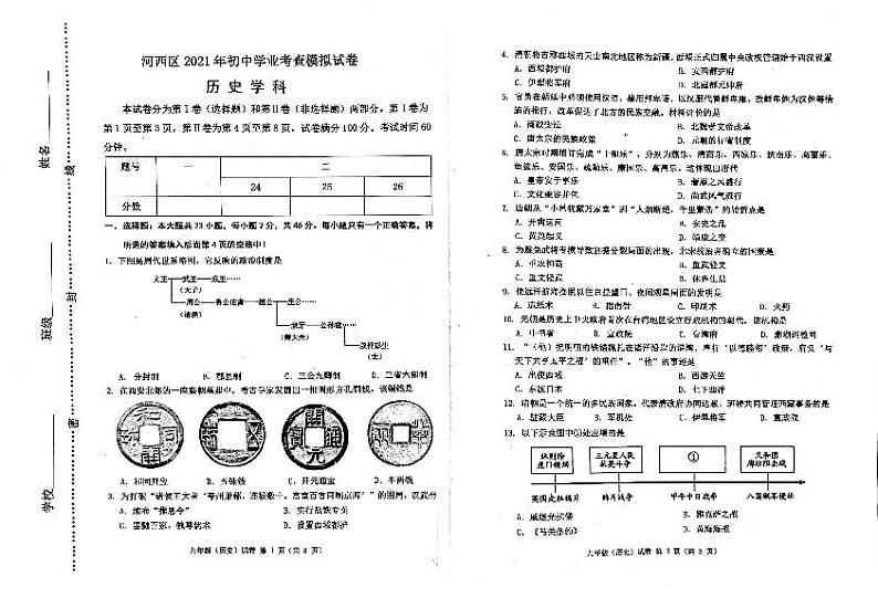 天津市河西区2020-2021学年九年级下学期总复习质量调查(一模)历史试题(含答)第1页