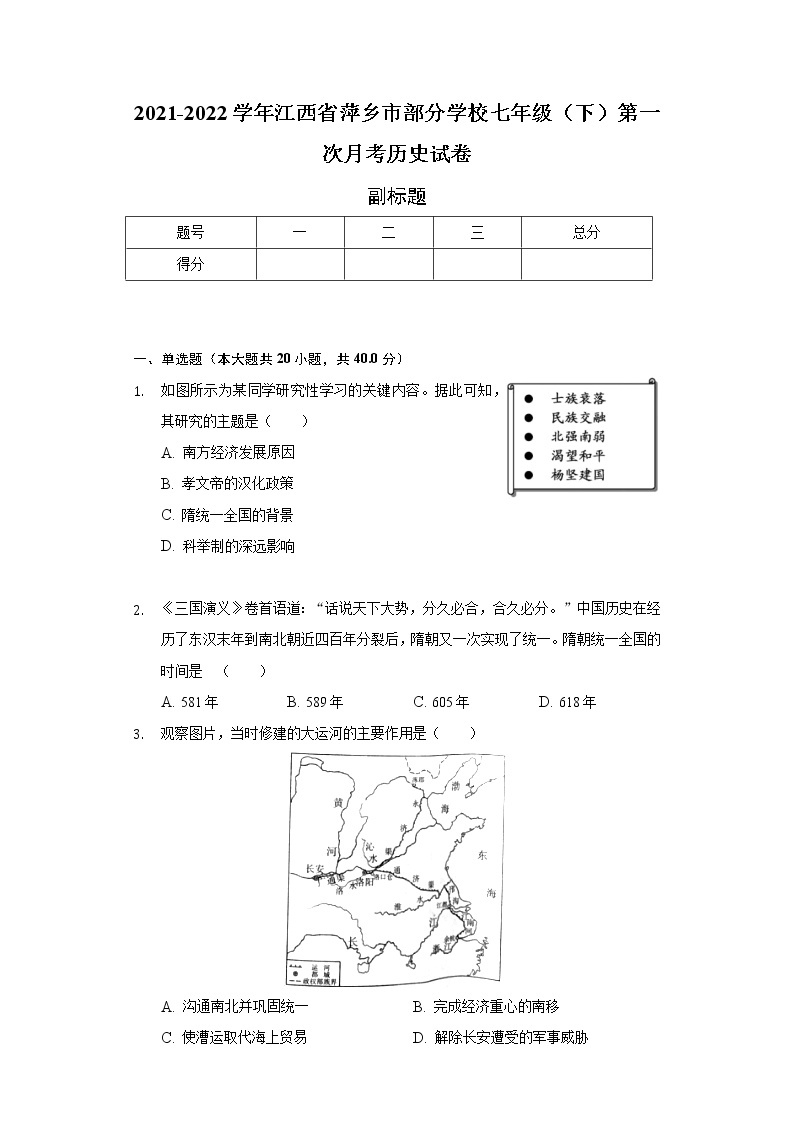 2021-2022学年江西省萍乡市部分学校七年级（下）第一次月考历史试卷（含解析）01