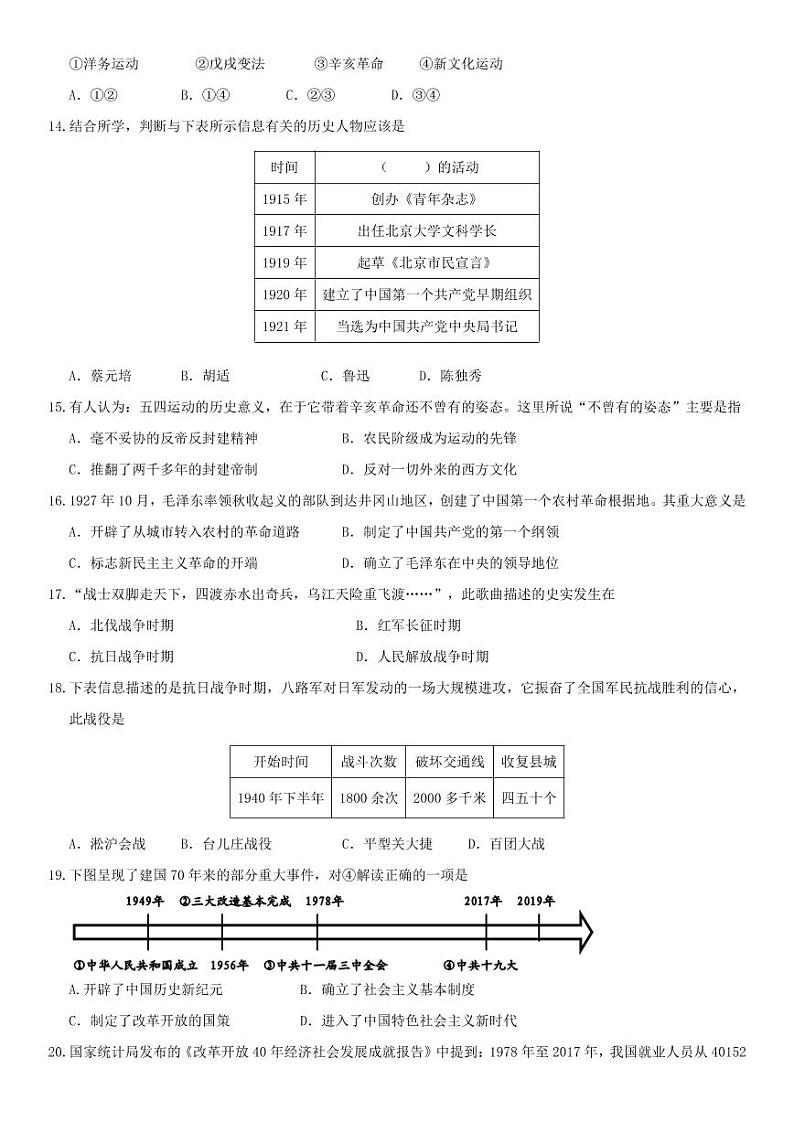 2020年北京顺义区初三二模历史试卷及解析03