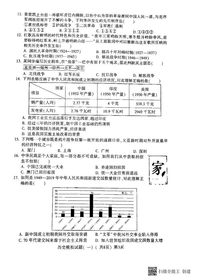 2022年山东省聊城市莘县中考一模历史试题第3页