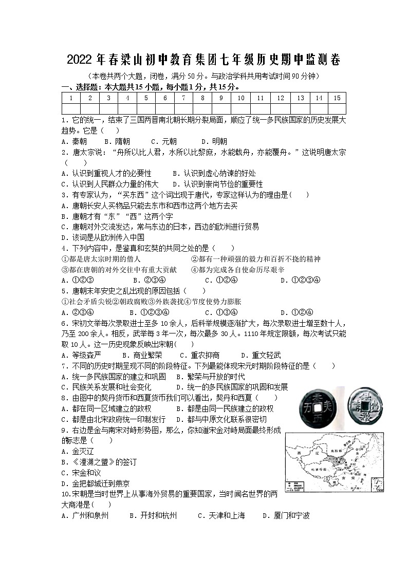 重庆市梁平区梁山初中教育集团2021-2022学年部编版七年级下学期期中考试历史试题(无答案)第1页
