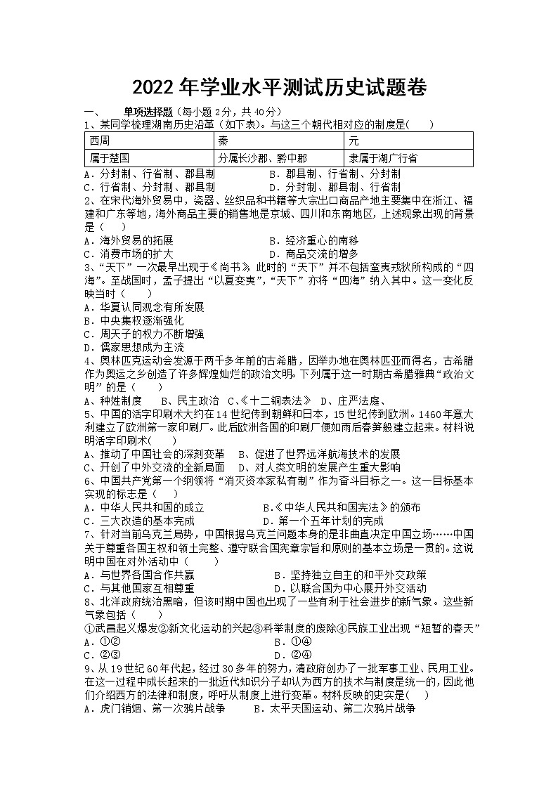 2022年湖南省湘潭县青山桥镇青山中学初中学业水平模拟历史试题第1页