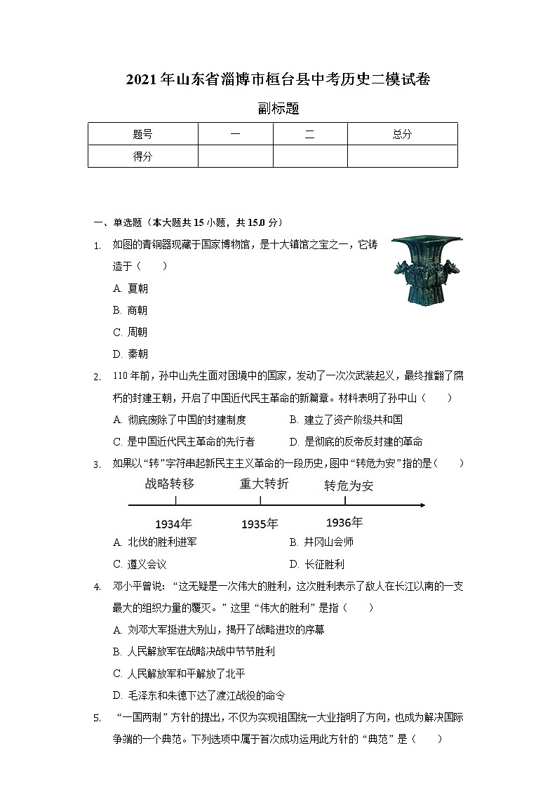 2021年山东省淄博市桓台县中考历史二模试卷(含解析)第1页